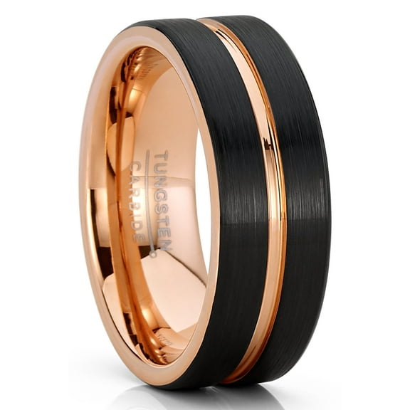 Metal Masters Mens Tungsten Carbide Ring RoseTone Black Grooved Wedding Band Comfort-fit 8mm