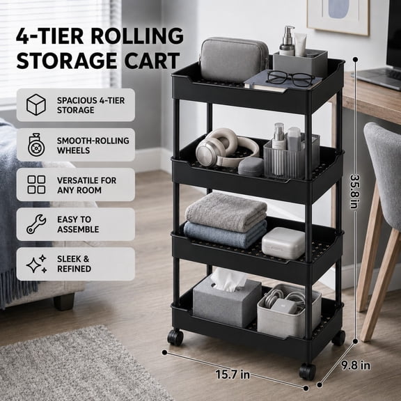 4-Tier Slim Rolling Storage Cart with Wheels, Space-Saving Utility Organizer for Bathroom, Bedroom, Kitchen and Office
