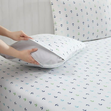 Coastal Print Microfiber Sheet Set, Soft, Comfy, 12" Deep Pockets, Queen, Anchors Blue