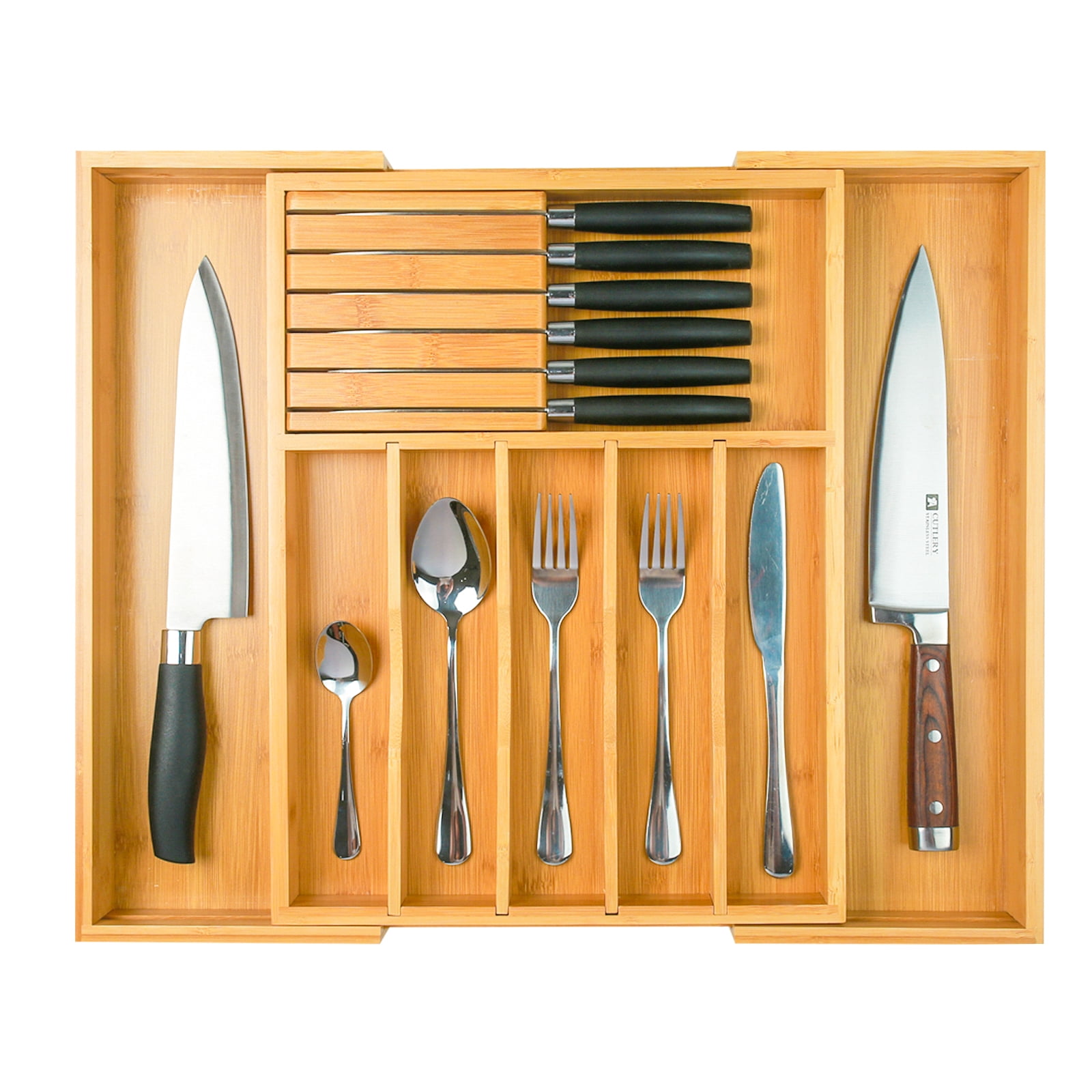Bamboo Expandable Silverware Drawer Organizer,Adjustable Kitchen Utensil Organizer with Removable Dividers and Knife Block for Flatware, Cutlery , Knives