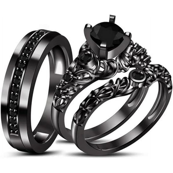 Divine Creation Unisex 925 Sterling Silver 2.10 Ct Round Cut Black Diamond Wedding Engagement Trio Ring Set 14K Black Gold Plated For Men's & Women's -6.5