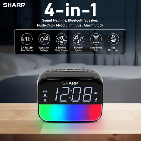PYYNA Multi Color Bluetooth Alarm Clock with Sleep Sounds, RGB Night Light, Dual Alarms, LED image