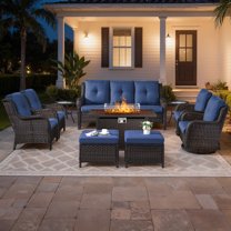 Bellefurn 10 Pieces Patio Furniture Sets with Fire Pit Table and Swivel Rocker,High-Back Rattan Patio Outdoor Conversation Set with 3-Seat Sofa,Ottoman & Side Table for Porch Backyard