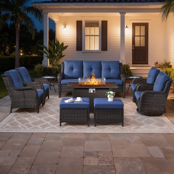 Bellefurn 10 Pieces Patio Furniture Sets with Fire Pit Table and Swivel Rocker,High-Back Rattan Patio Outdoor Conversation Set with 3-Seat Sofa,Ottoman & Side Table for Porch Backyard