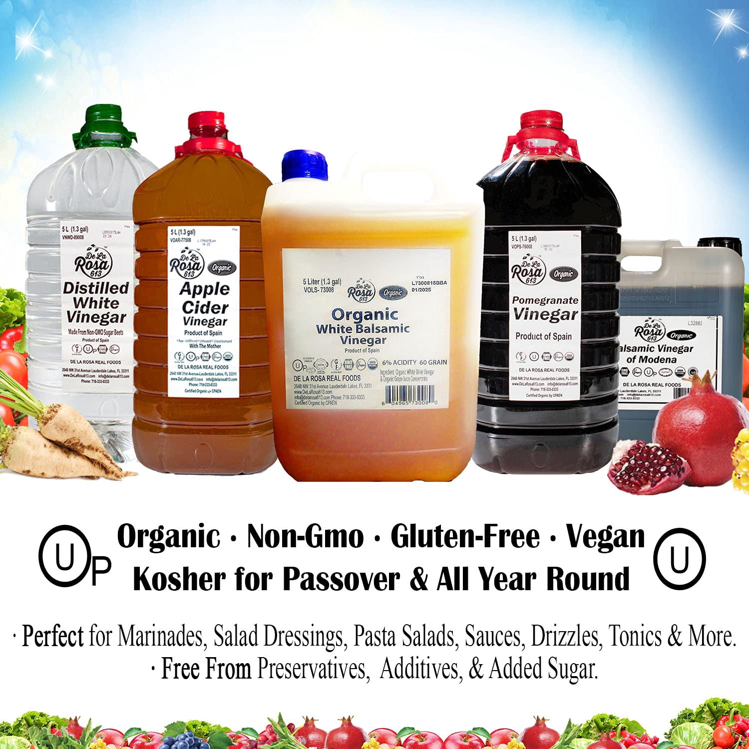 De La Rosa 613 Organic White Balsamic Vinegar, Vegan, 5 Liters