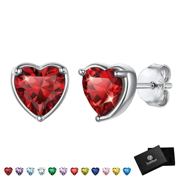 FaithHeart January Birthstone Heart Stud Earrings for Women 925 Sterling Silver Red Earrings Daughter Birthday Christmas Hypoallergenic Jewelry with Gift Box