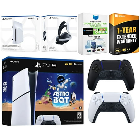 Sony PlayStation 5 Slim Digital Astro Bot Bundle with Disc Drive, Extra Controller, MightySkins Voucher and 1 Year Extended Warranty - Midnight Black
