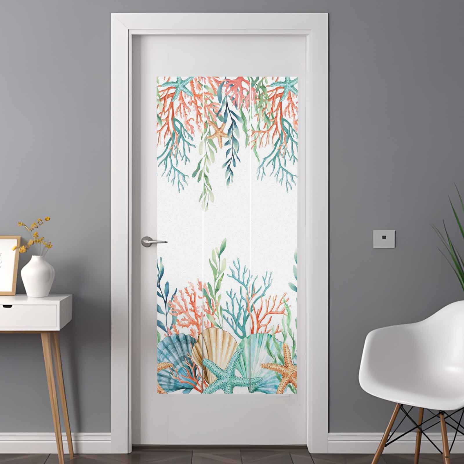 Marine Life Window Privacy Film,Nautical Underwater Coral Shell Starfish Watercolor Static Cling UV Sun Blocking Window Tint Day and Night,Non-Adhesive One Way Privacy Cover 35.4''x78.7''