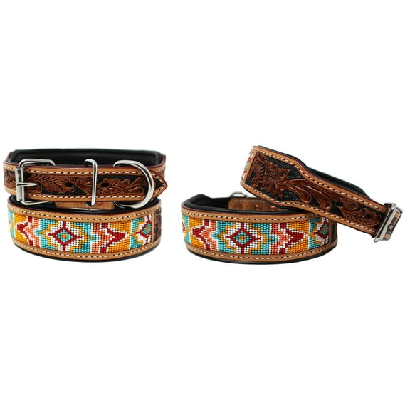 Large 21''- 25'' Hand Tooled Beaded Padded Leather Dog Collar  60164