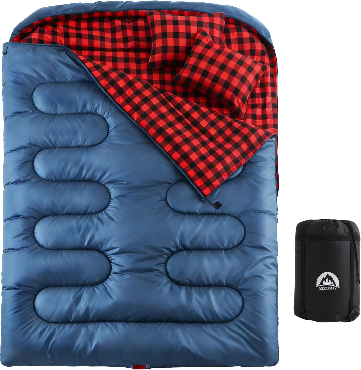 Double Sleeping Bag for Adults with 2 Pillows, Big & Tall Queen Size XL Sleeping Bag for 2 Person, Waterproof & Lightweight Warm for 3 Seasons, Cold Weather,Camping, Hiking & Backpacking