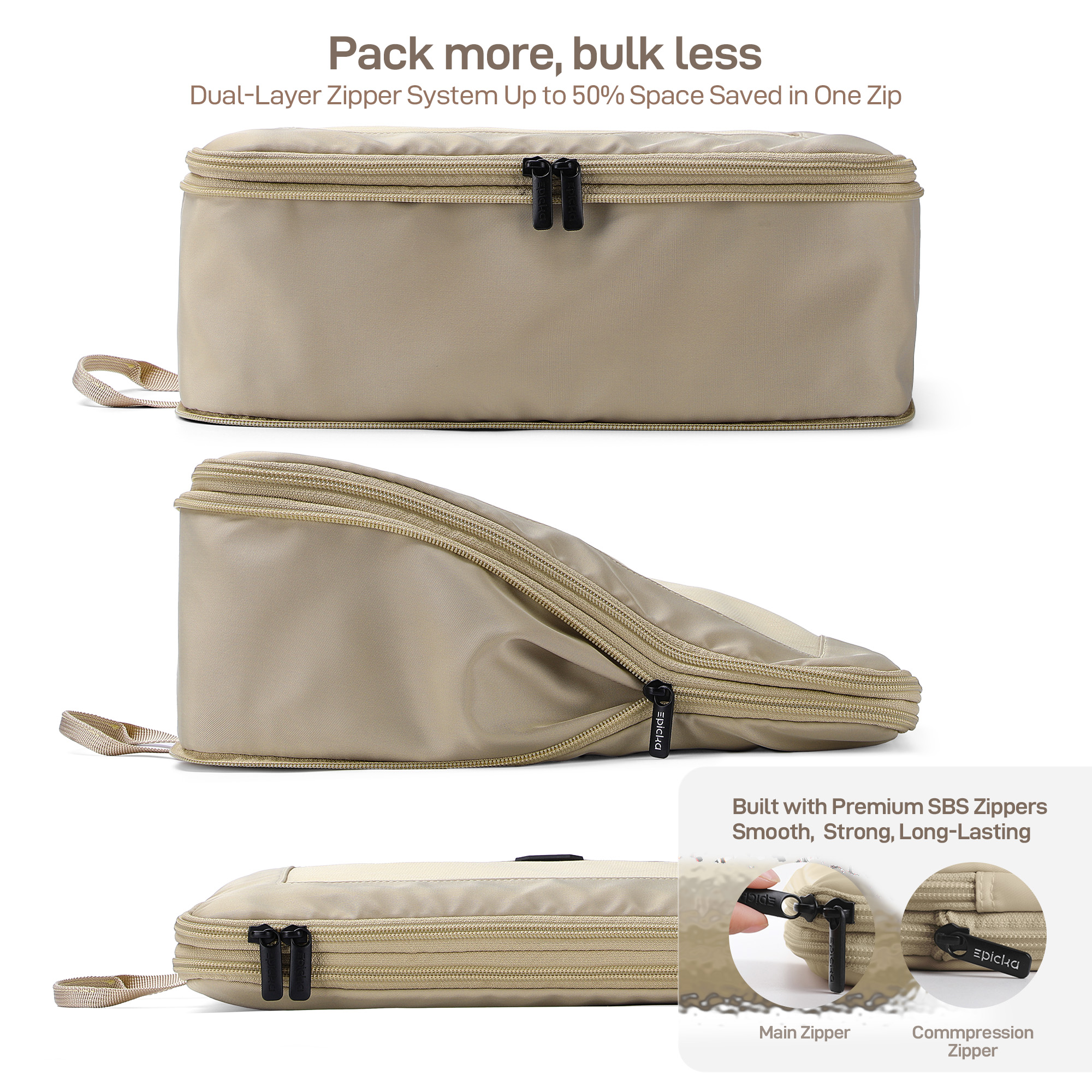 EPICKA TripCozy Compression Packing Cubes - 4 Set Durable Travel Organizer Bags with Mesh Top for Carry on (Kahki)