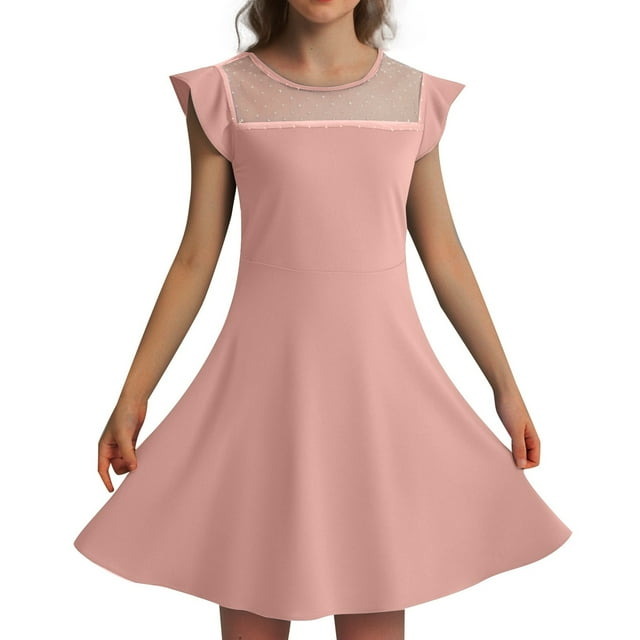 Girls Spring Dresses Kids Child Girls Summer Ruffle Sleeve Mesh A Line Dress Solid Color Casual Dresses with Pockets Kids Dresses Pink 7 Years-8 Years