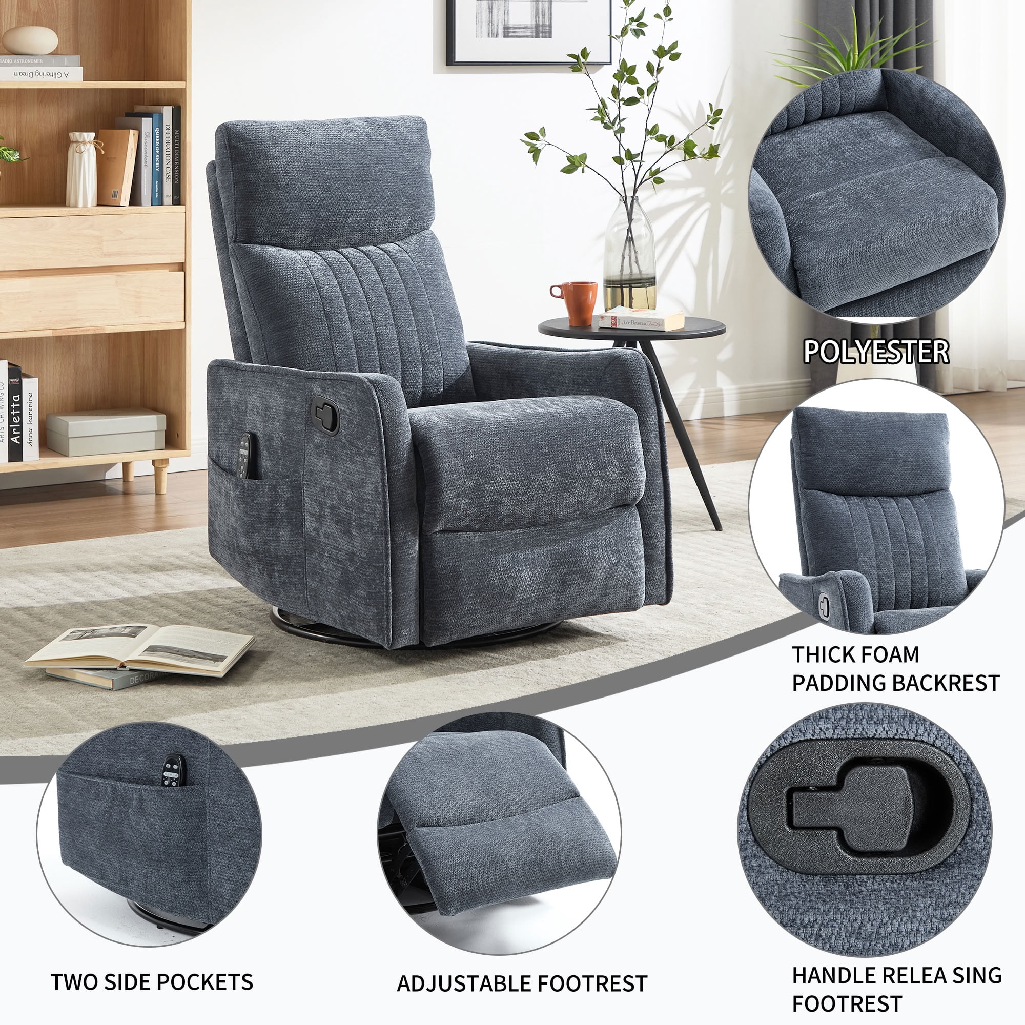 MAYEERTY Chenille Swivel Rocker Recliner Chair, Manual 155° Recline Glider Chair with 8-Point Vibration Massage & Lumbar Heat, for Living Room Nursery Home Office
