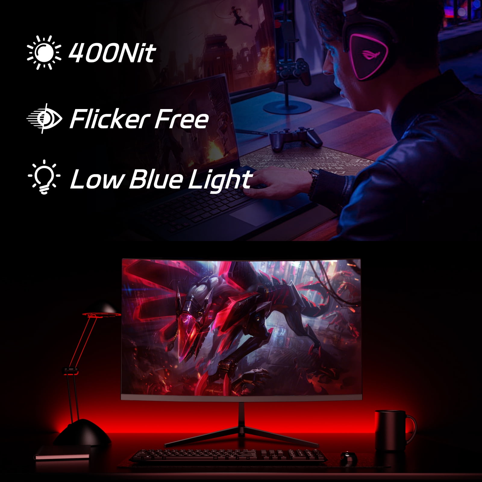 REHISK 27-inch 165Hz Curved Gaming Monitor, Ultra Wide 16:9 1440p PC Monitor for Laptop with 2*Speakers, 1ms AMD, QHD2K(2560 x 1440p) HDR Computer Monitor Support HDMI&DP, Metal Black