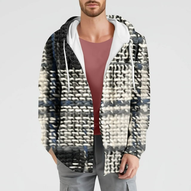 LOVZFMLL Jackets for Men's Check Print Pocket Long Sleeved Pocket Button Hooded Casual