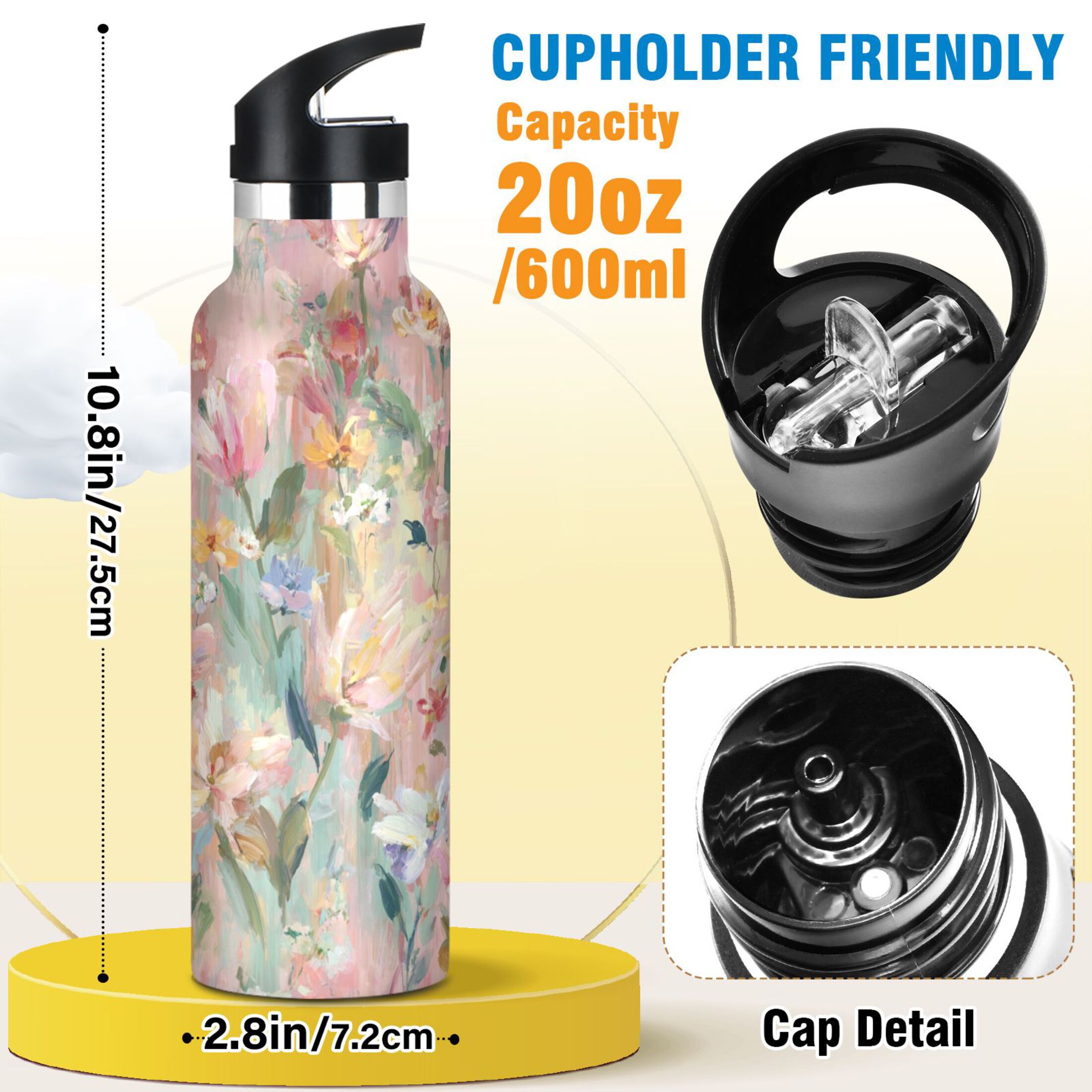 Kids Insulated Stainless Steel Sports Water Bottle 600ml (20oz) Abstract Pink Floral Pattern