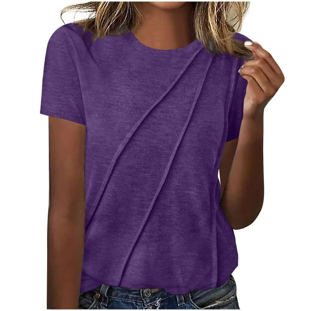 cfhntfmh T-Shirts à Manches Courtes pour Femmes, Col Ras du Cou Plissé, T-Shirt Ample Décontracté, Chemises Amples et Confortables, Blouses Été 2025