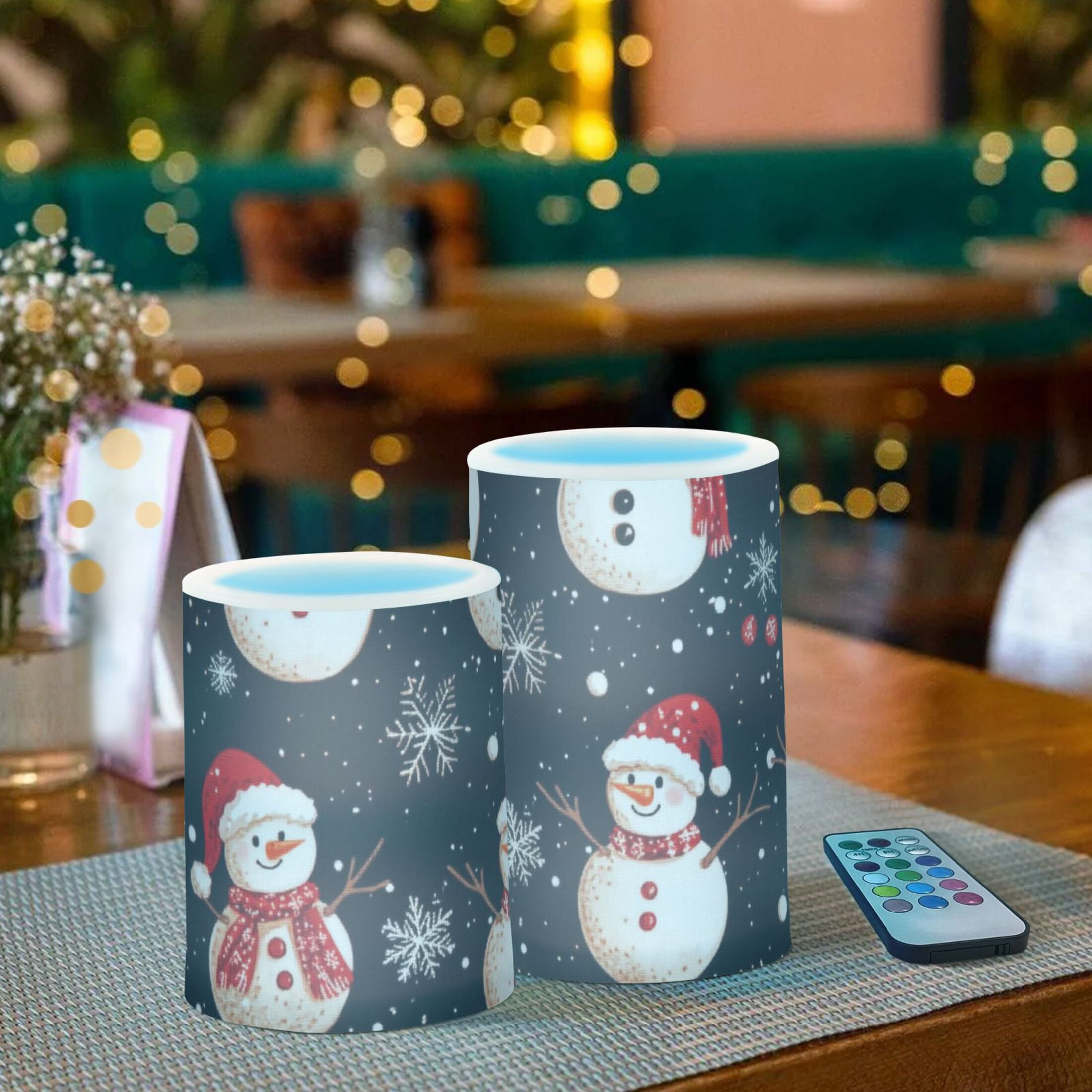 Cute Snowman Black Background Flickering Flameless Candles Battery Operated with Remote Timer LED Pillar Candles Set of 2