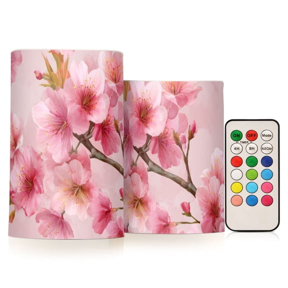 Cute Cherry Blossom Spring Flickering Flameless Candles LED Tealight Battery Operated with Remote Set of 2 Holiday Decor Ornaments