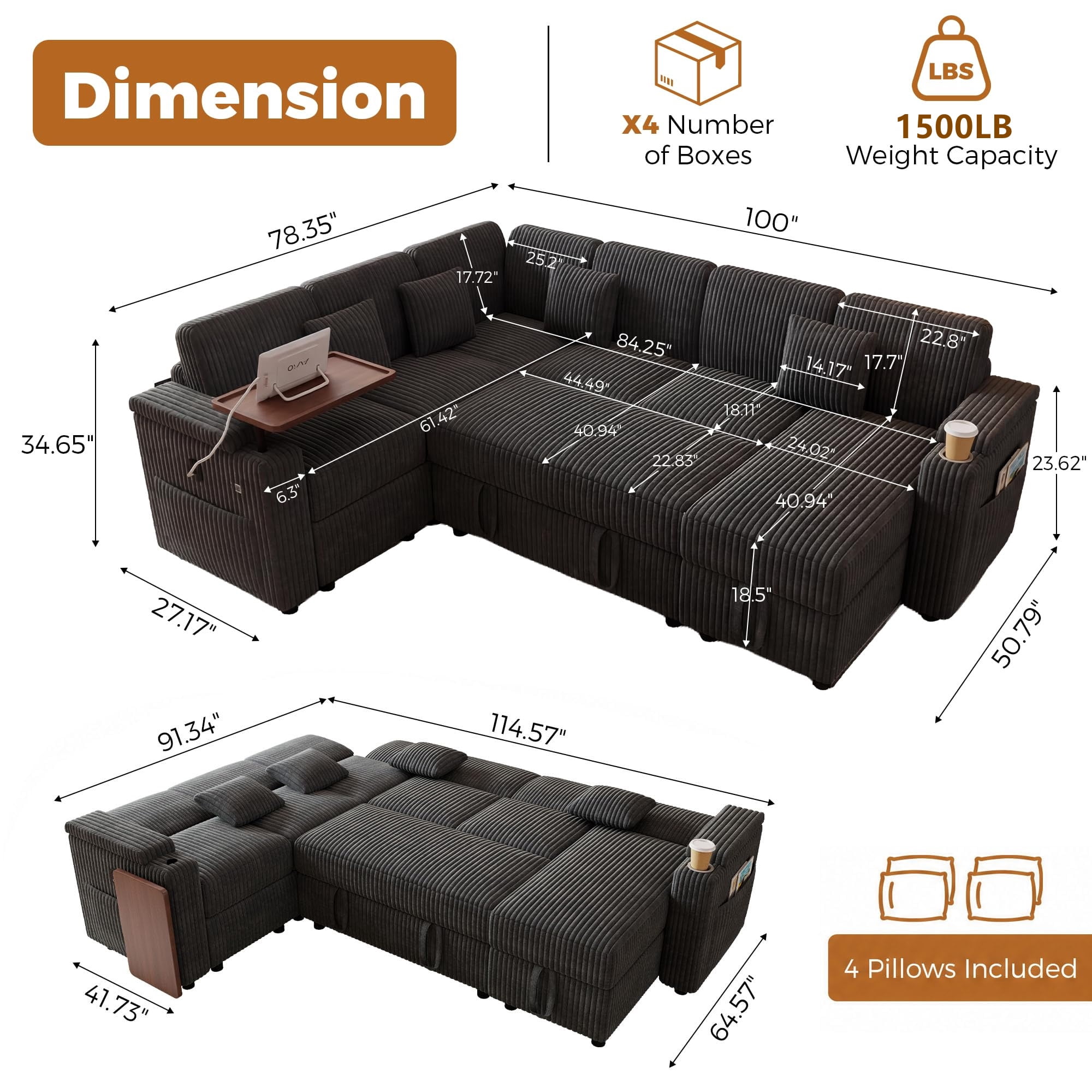 Aukfa 100" U Shape Convertible Sectional Sleeper Sofa Bed with USB/Type-C Port/Side Table/Storage Chaise/Cup Holder, 7 Seat Modular Sofa, Corduroy, Dark Gray