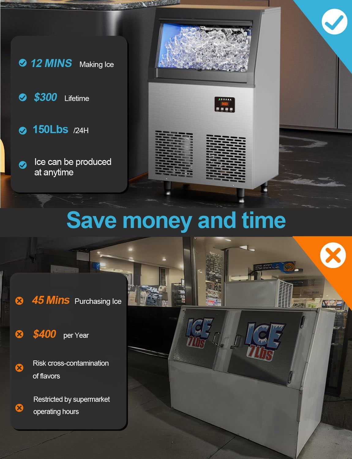 Coolski Commercial Ice Maker, 150 lbs/24H, Under Counter Ice Machine with 35 lbs Bin Capacity
