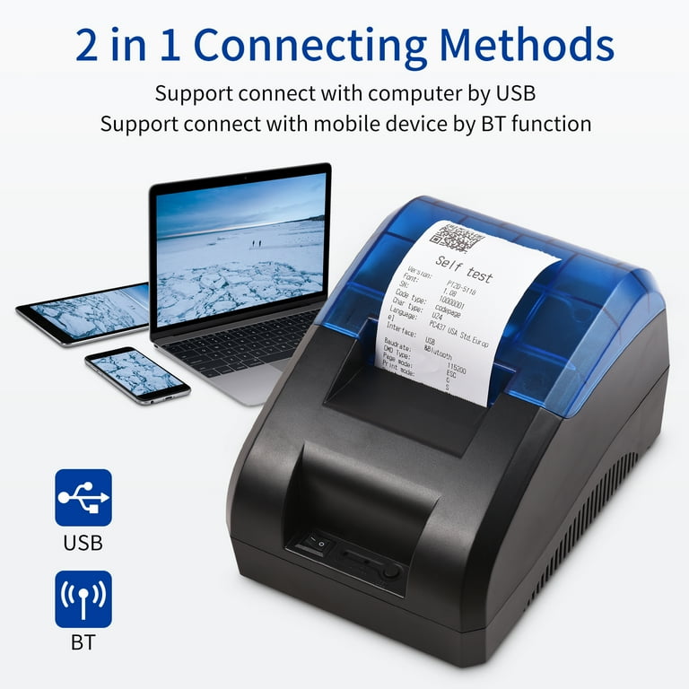 Htovila 58mm Thermal Receipt Printer Desktop USB BT Wireless Connection Printer Barcode Printing with 1 Roll Paper Inside for Restaurant Sales Retail