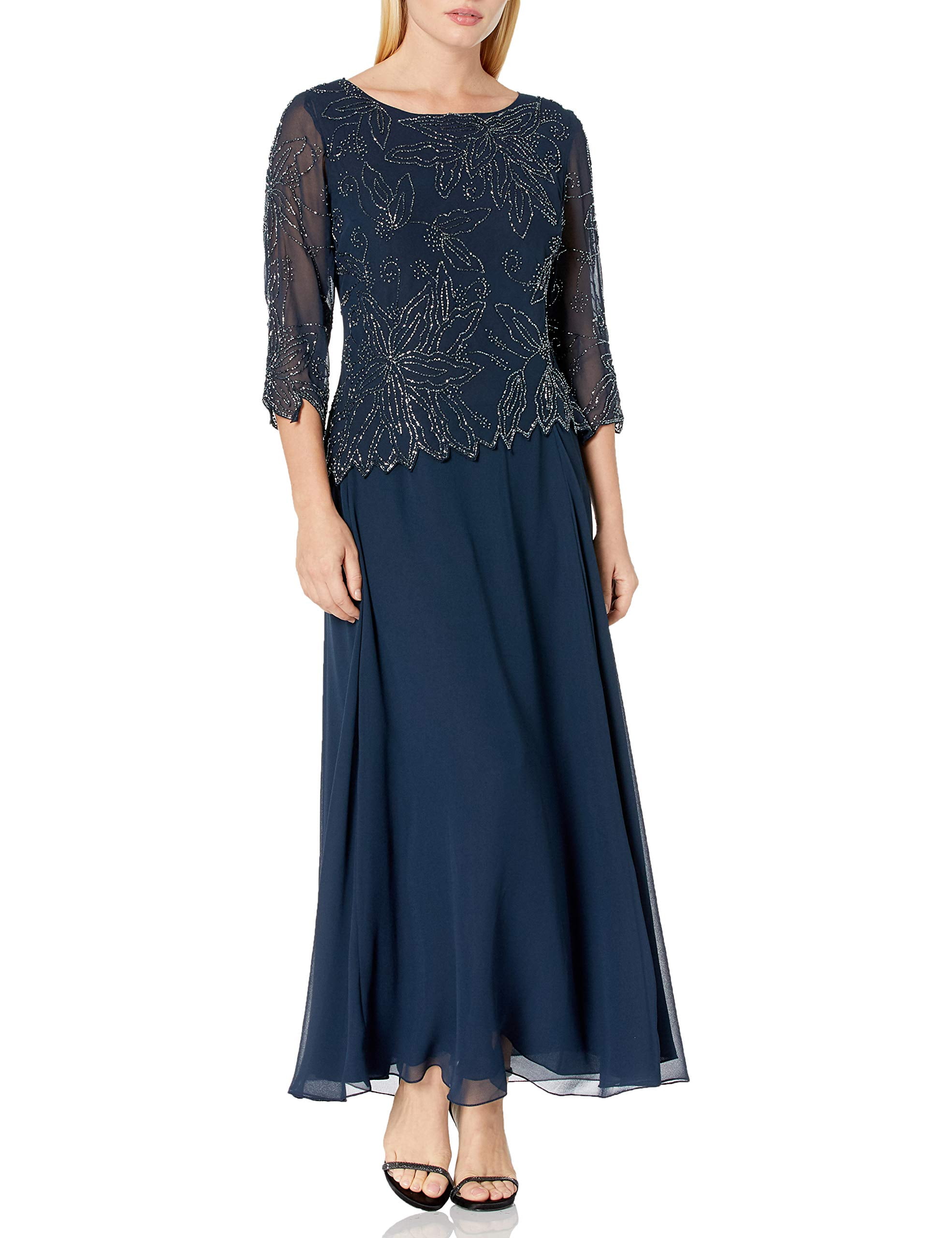 J Kara - Womens Gown Navy Petite 3/4 Illusion Sleeve Beaded 14P - Walmart.com - Walmart.com