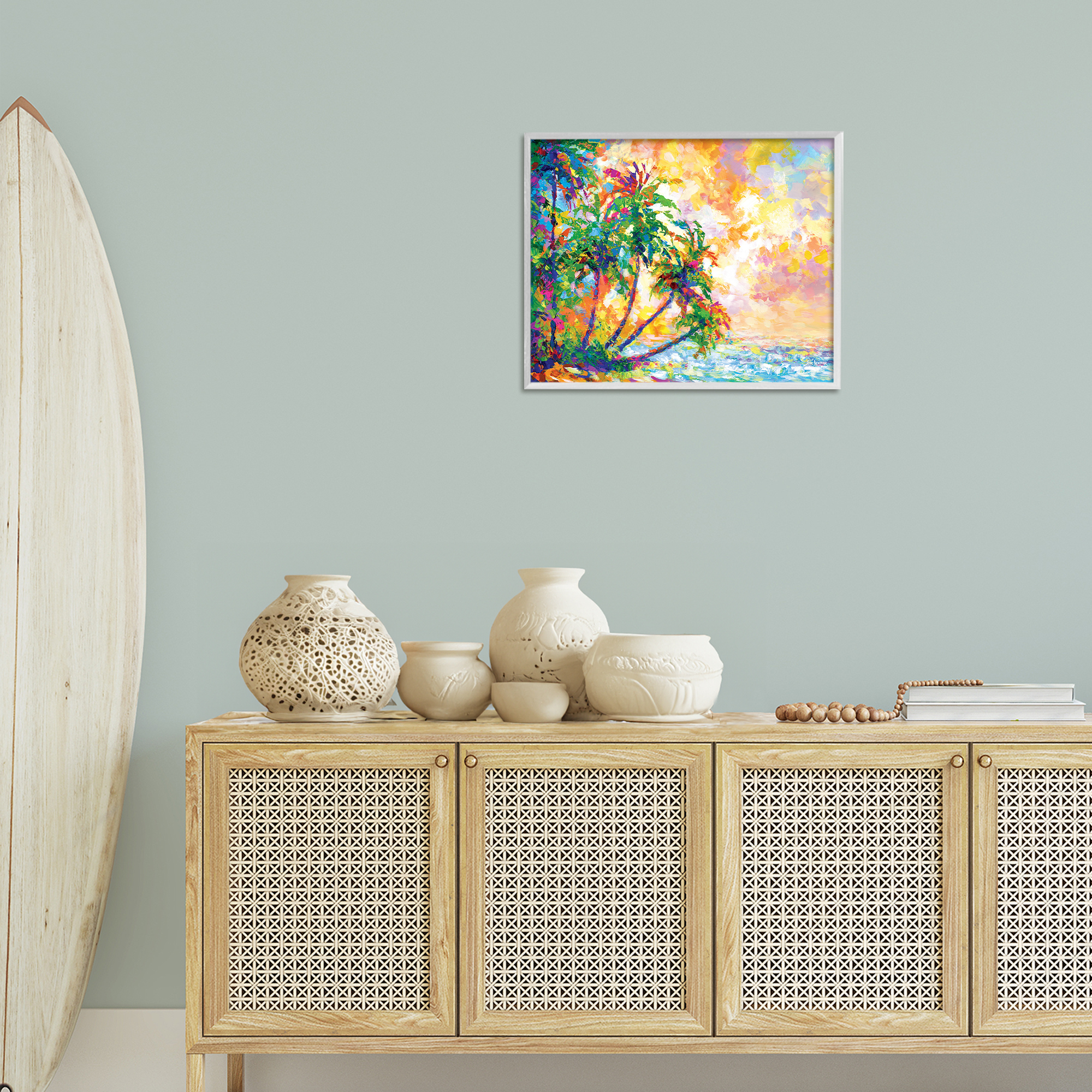 Stupell Industries Full Beach Palms Landscape Painting White Framed Art Print Wall Art, 20 x 16