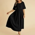 thumbnail image 4 of Women's Loose Cotton Linen Round Neck Midi Dress - 5-Point Sleeve Solid Color Casual Maxi Dress, 4 of 5