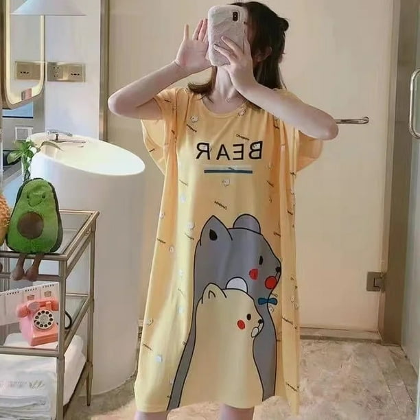 Vestido de dormir de talla grande para mujer, ropa holgada para el hogar, ropa de dormir de talla grande, camisón de maternidad de estilo coreano, pijama cómodo