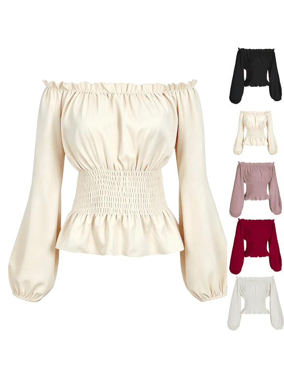 Women's Renaissance Peasant Blouse Lace off Shoulder Tops Puff Long Sleeves Smocked Waist Boho Cottagecore Cute Fall Soft Breathable Beige M