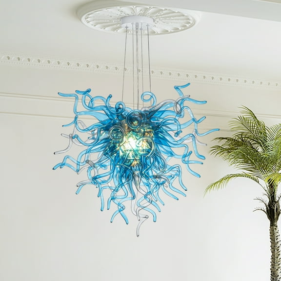 Longree Luxury Hand Blown Glass Chandelier, Blue 5-Light Ceiling Light Fixture