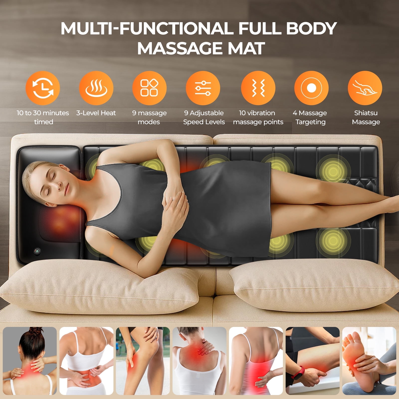Full Body Massage Mat with Heat, Detachable Massager Pad, 10 Vibrating Motors, 9 Intensity Levels, Deep Tissue Pain Relief for Back, Neck & Legs,Gift