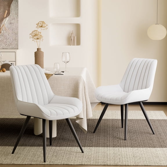 Dining Chairs Set of 2, White Fabric Upholstered with Black Metal Legs, High Backrest 300 lbs Capacity for Kitchen