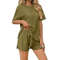 thumbnail image 2 of DYTTDG Women's Silk Short Sleeve Pajama Set | 2-Piece Ruffle Hem Top & Drawstring Shorts with Side Pocket, Solid Color Loungewear for Summer, 2 of 7