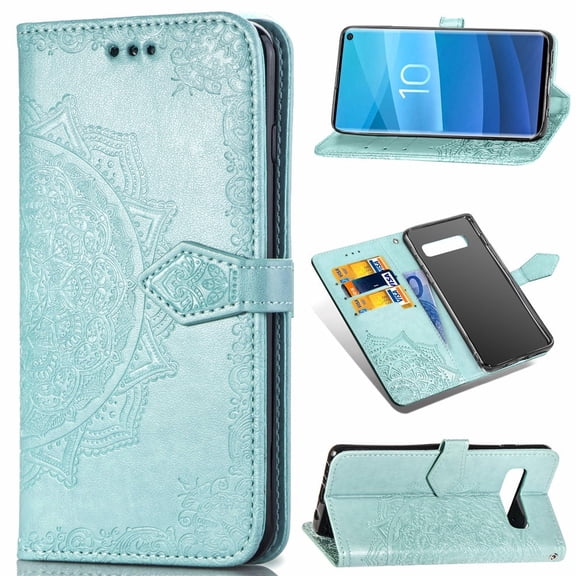 Galaxy S10 Wallet Cases and Covers, Allytech Slim Premium PU Flip Stand Cover Mandala Embossed Full Body Protection with Card Holder Magnetic Closure for Samsung Galaxy S10 Phone, Green