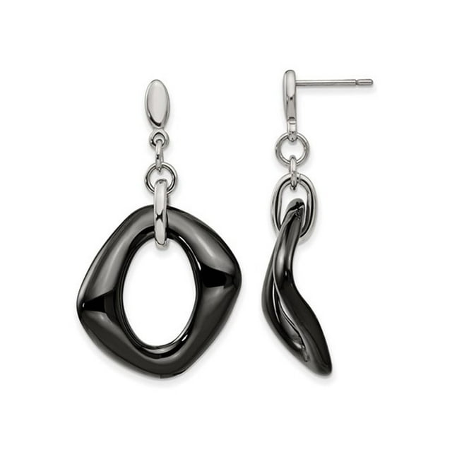 Black Ceramic Dangle Earrings in Stainless Steel