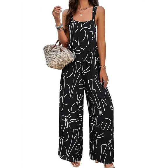Parfaitlady Women'S Summer Boho Casual Jumpsuits Wide Leg Overalls Floral Print Baggy Rompers with Pockets Black S