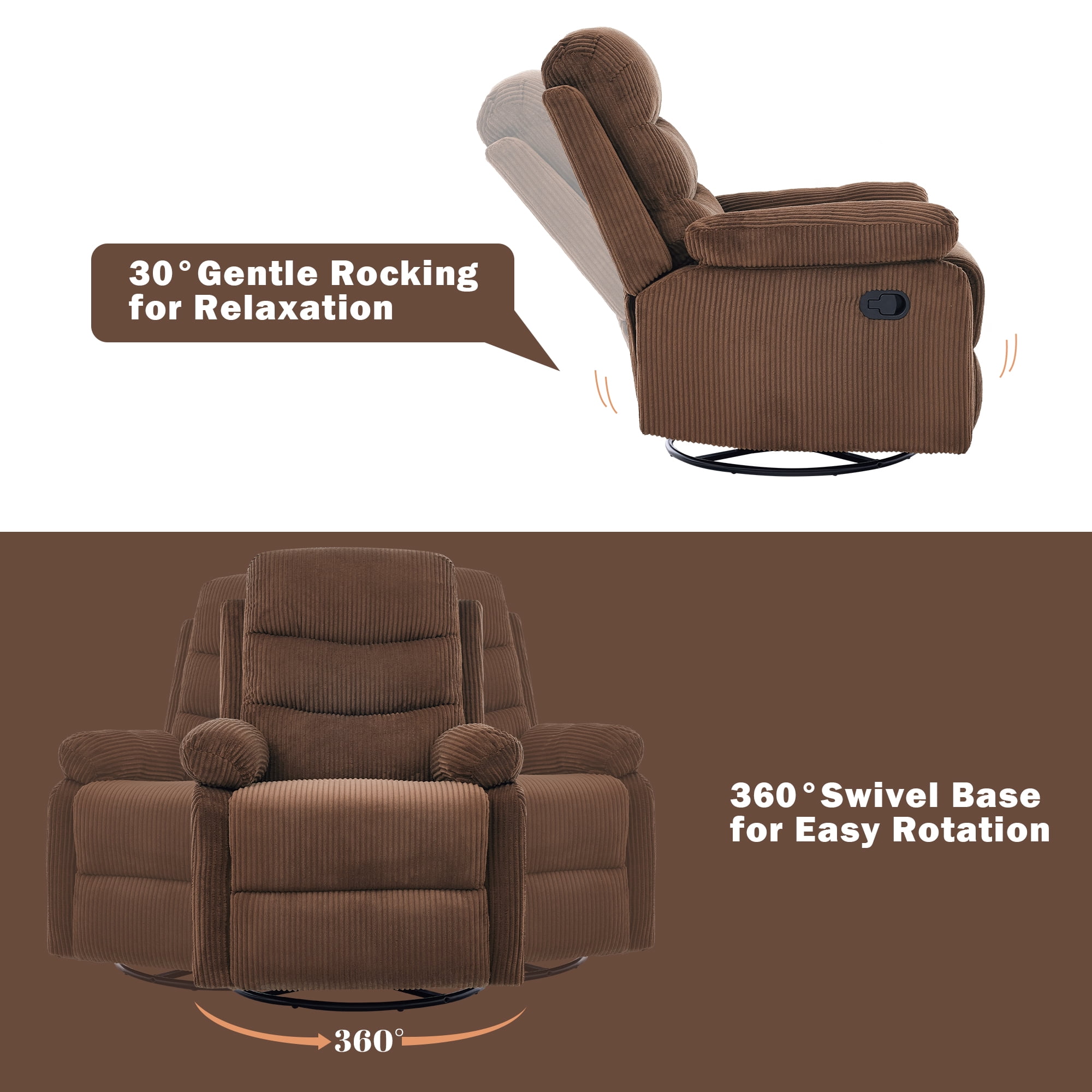 GAOHAPY Rocking Recliner Chair,Modern Swivel Glider Recliner Chair,Corduroy Fabric Upholstery Recliner,Manual Reclining Sofa Chair for Living Room,Office,Apartment,Brown