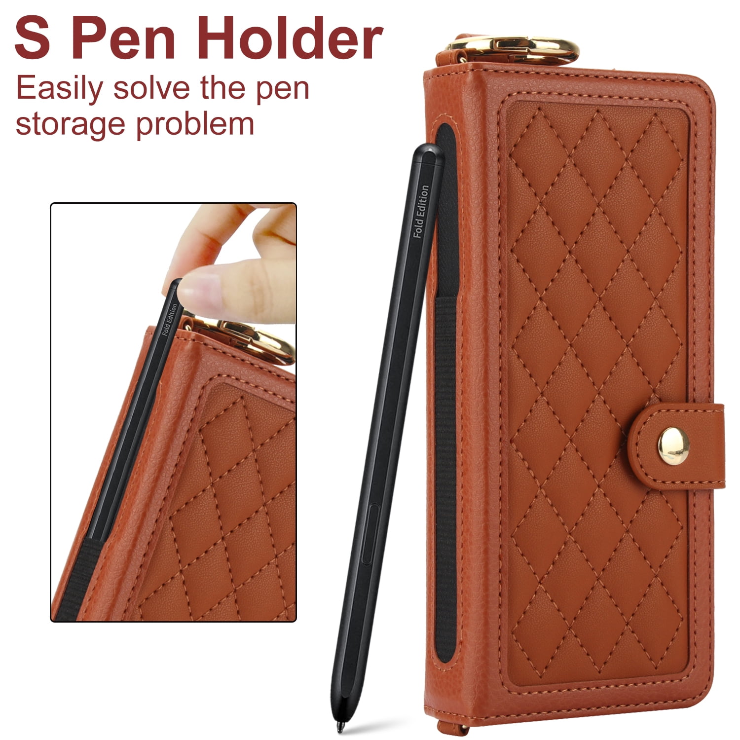 for Samsung Galaxy Z Fold 4 Crossbody Wallet Case, RFID Blocking Card Slots, Ring Buckle Luxury PU Leather Flip Phone Case with Pen Slot Lanyard Strap Wristband Kickstand Cover, Brown