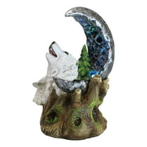 Winter Pine Forest Howling Snow White Wolf Mother And Cub With LED Moon Figurine