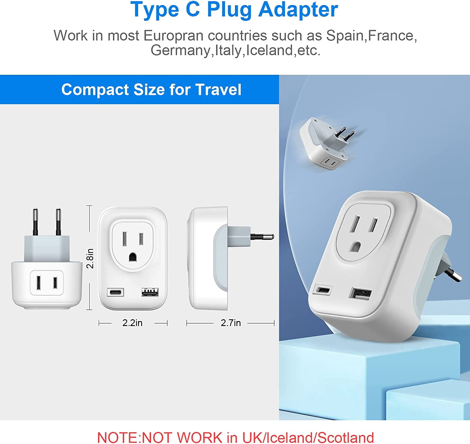 Juyafio Converter Plug Universal Adapter, 4 in 1 European Power Plug Adapter, 0.2lb US to Europe Plug Adapter, International Plug Adapter and Converter, Power Converter for International Travel