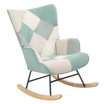 EBQOSK Accent Rocking Chair, Mid Century Fabric Rocker Chair with Wood Legs and Patchwork Linen for Livingroom Bedroom Blue