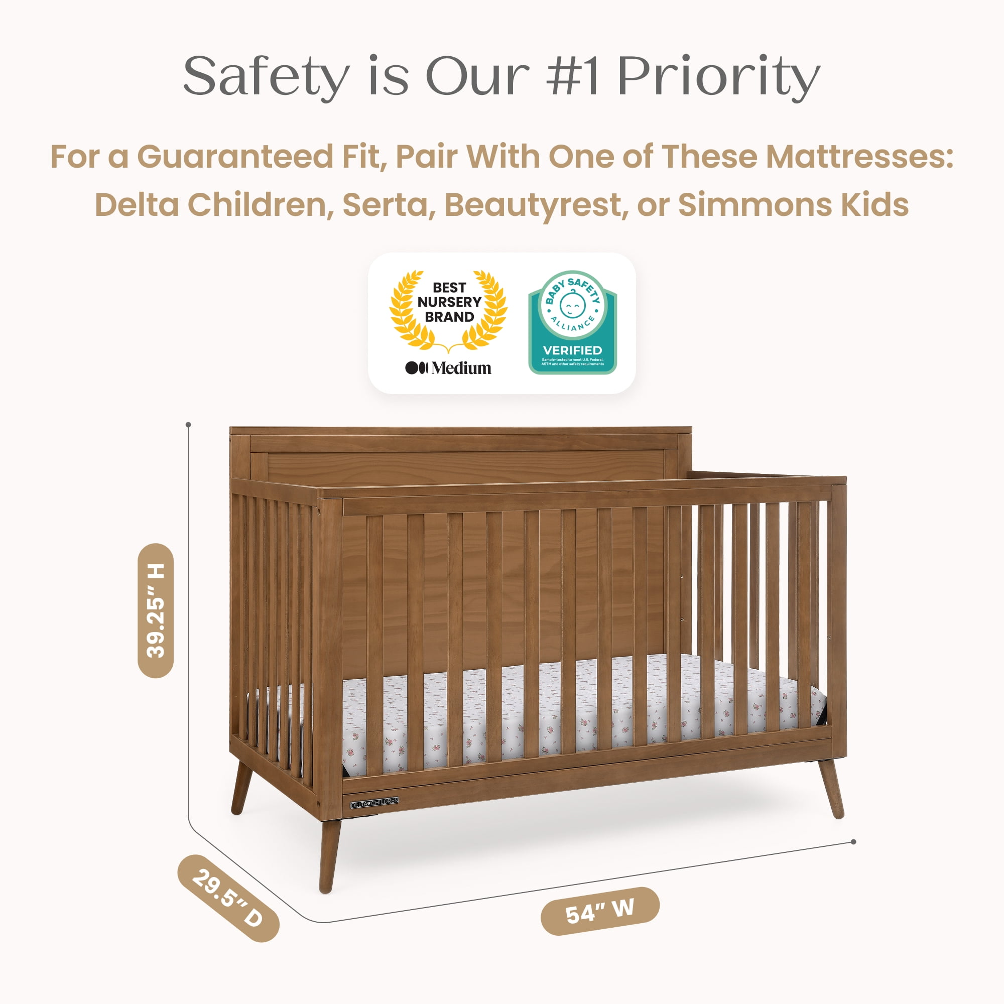 Delta Children Lola 6-in-1 Convertible Crib - Converts from Baby Crib to Toddler Bed, Daybed, Sofa Bed and Full-Size Bed With and Without Footboard, Fits Standard Full-Size Crib Mattress, Chestnut