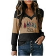 thumbnail image 2 of Elvqul Womens Tops Fashion T Shirts Long Sleeve Christmas Block Pullover V-Neck Blouses for Women Brown, 2 of 3