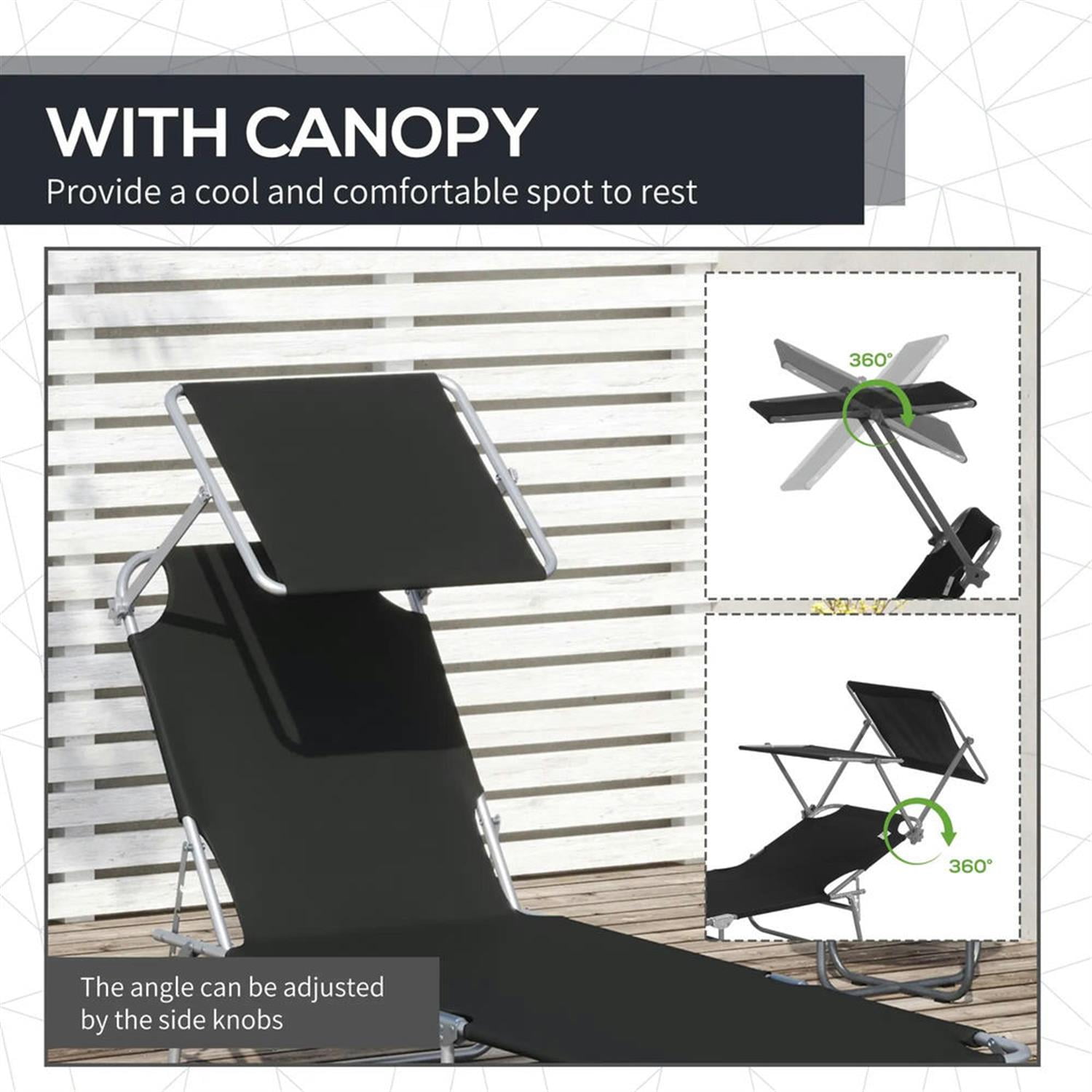 Demi Bonn Outdoor Folding Chaise Lounge, Collapsible Beach Tanning Seat Chair with Sun Protection, Portable Poolside Relaxation for Beach, Yard, Patio, Black