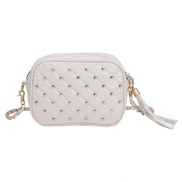 Sacs à Bandoulière Mode Rivets en Cuir pour Femmes avec Franges Petit Sac à Main (Blanc)