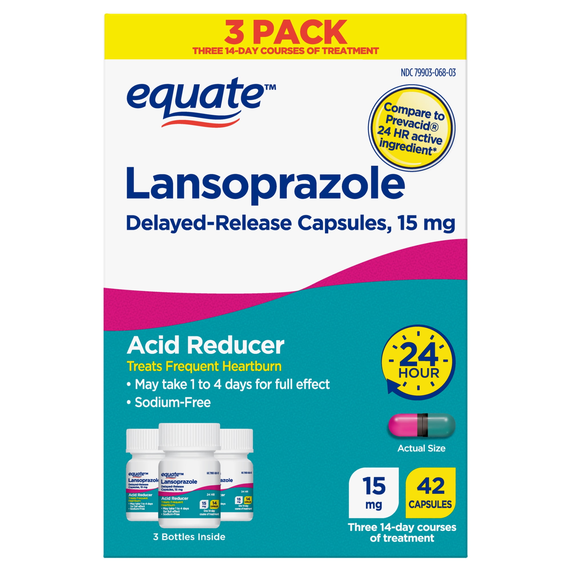 Equate Lansoprazole Delayed Release Capsules 15 mg, Acid Reducer, 42 Count, 3 Pack, Compare to Prevacid 24 HR Active Ingredient