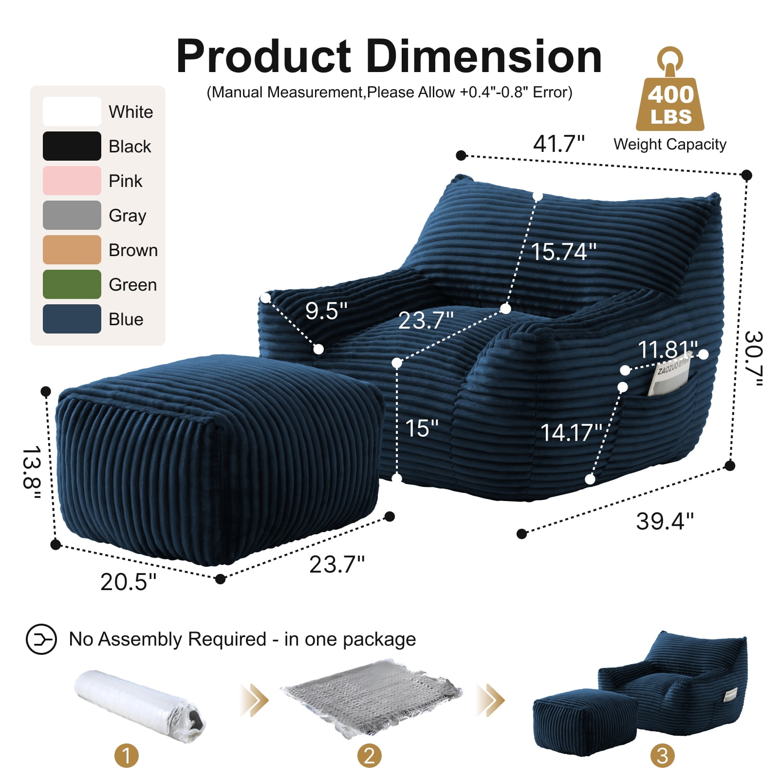 41.7" Oversized Bean Bag Chair with Ottoman, Living Room Lazy Sofa for Bedroom & Dorm