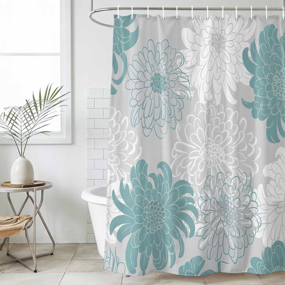 Turquoise White Floral Waterproof Fabric Shower Curtain,Elegant Chrysanthemum Farmhouse Waterproof Fabric Shower Curtain for Bathroom Curtains Bathtubs Shower Curtains with 12 Hooks Stall 48x72in